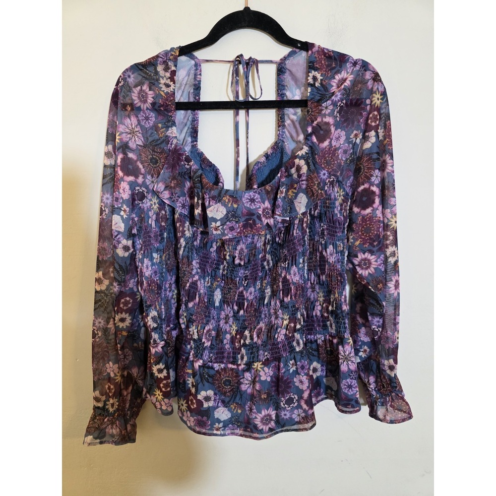 LC Lauren Conrad ‎ Women's Size 4X Smocked Floral Top Fairy Boho Ruffle Sheer